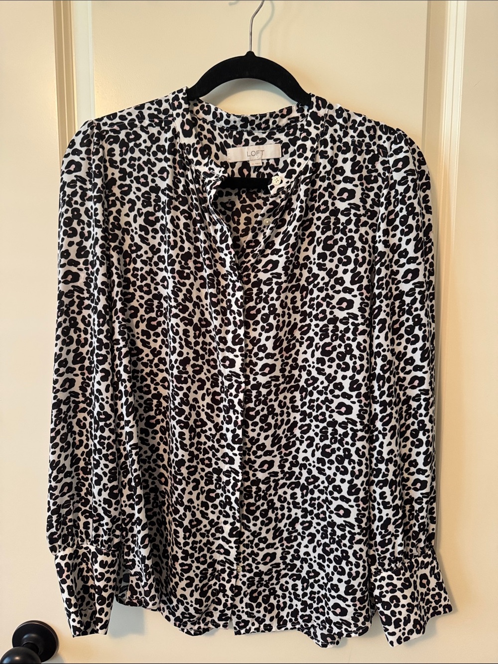 LOFT Black and White Leopard-Print Button Front Blouse